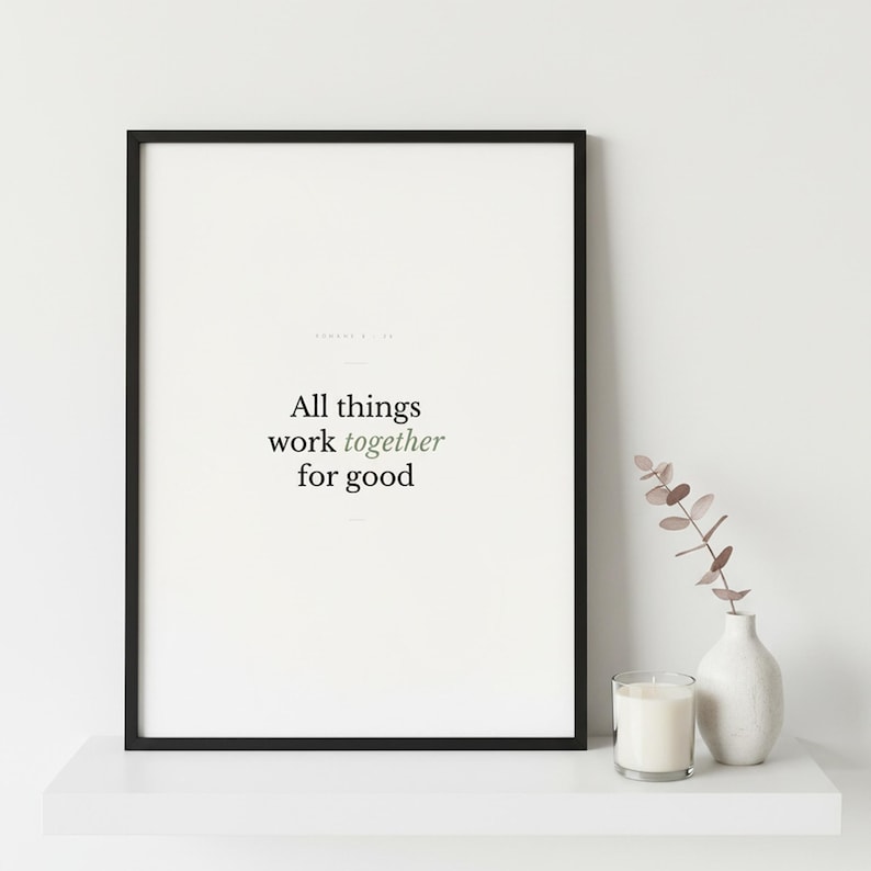 Romans 8:28 Wall Art All Things Work Together for Good Minimalist Scripture Prin — what you get size overview showing all available print dimensions. This modern minimalist christian scripture wall art print features beautiful serif typography on warm cream background. Romans 8:28 bible verse digital download printable for home office bedroom living room gallery wall decor. Perfect christian gi...