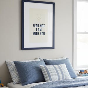 Christian Boys Room Wall Art Set of 6 Bible Verse Prints Navy Adventure Scriptur — botanical glass frame mockup with natural light and greenery. This nursery, navy blue christian scripture wall art print features beautiful serif typography on warm cream background. digital download printable for home office bedroom living room gallery wall decor. Perfect christian gift idea from TheFramedVerse ...