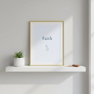 Faith Hebrews 11:1 Wall Art Blue Navy Coquette Christian Print Scripture Decor D — shelf mockup leaning on wood shelf with decorative items. This coquette bow, navy blue christian scripture wall art print features beautiful serif typography on warm cream background. Hebrews 11:1 bible verse digital download printable for home office bedroom living room gallery wall decor. Perfect christian gift...