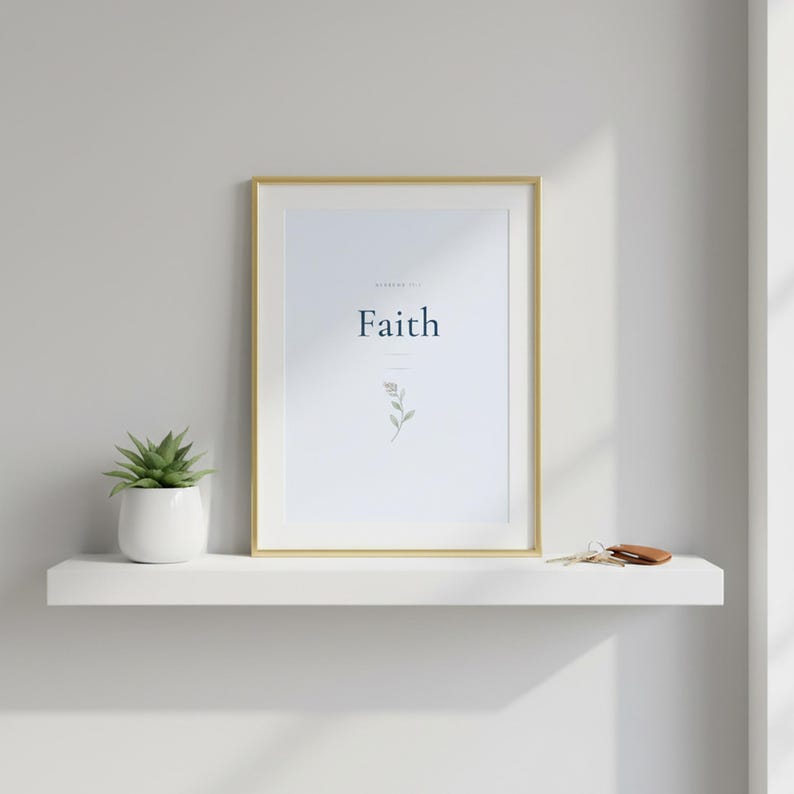 Faith Hebrews 11:1 Wall Art Blue Navy Coquette Christian Print Scripture Decor D — shelf mockup leaning on wood shelf with decorative items. This coquette bow, navy blue christian scripture wall art print features beautiful serif typography on warm cream background. Hebrews 11:1 bible verse digital download printable for home office bedroom living room gallery wall decor. Perfect christian gift...