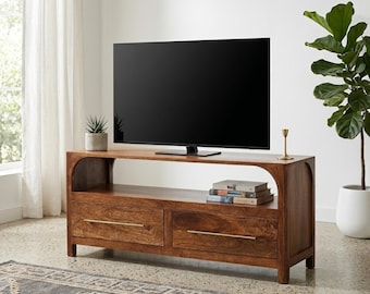 Handmade Media Console, Solid Mango Wood TV Stand with Drawers, Wooden TV Unit