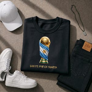 May include: A black t-shirt featuring a graphic of a gold trophy draped in an Argentine flag with the text VAMOS POR LA CUARTA in gold lettering, accompanied by a white baseball cap, white sneakers, a silver chain, and black denim jeans.