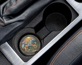 Posavasos de esteatita con diseño de vidriera, pareja de perros y gatos haciendo senderismo en las montañas bajo un cielo soleado. Regalo ideal para parejas que hacen senderismo.