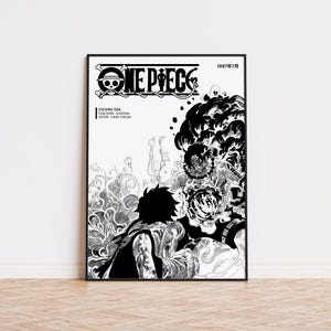 May include: Black and white framed poster featuring the "ONE PIECE" manga cover art. The artwork depicts a dynamic scene with a silhouetted figure facing a swirling, detailed explosion. The poster includes Japanese text and the manga title.