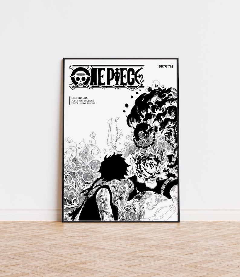 May include: Black and white framed poster featuring the "ONE PIECE" manga cover art. The artwork depicts a dynamic scene with a silhouetted figure facing a swirling, detailed explosion. The poster includes Japanese text and the manga title.