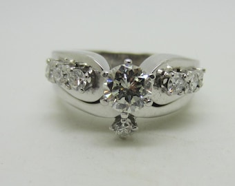 Conjunto de boda vintage de oro blanco macizo de 14 quilates con diamantes - Talla 6.25