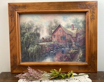 Vintage Carl A. Valente Watermill Print – Carved Wood Frame, Cottagecore Farmhouse Art