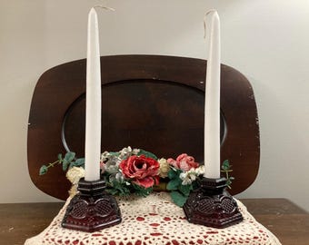 Avon Cape Cod Ruby Red Candle Holders—Vintage 1980s Taper Candlesticks—Old World Cranberry Glass Decor—Colonial Revival Pair