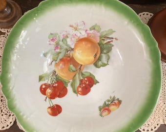 Large Hand-Painted Bavarian Bowl with Fruit Motif & Green Rim, Vintage Scalloped Porcelain, Bavaria Lion Mark, Paint Loss