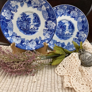 May include: Two round ceramic plates featuring a blue and white transferware pattern. The center of each plate displays a landscape with a house and trees, while the border is decorated with floral motifs. The plates are displayed on small stands.
