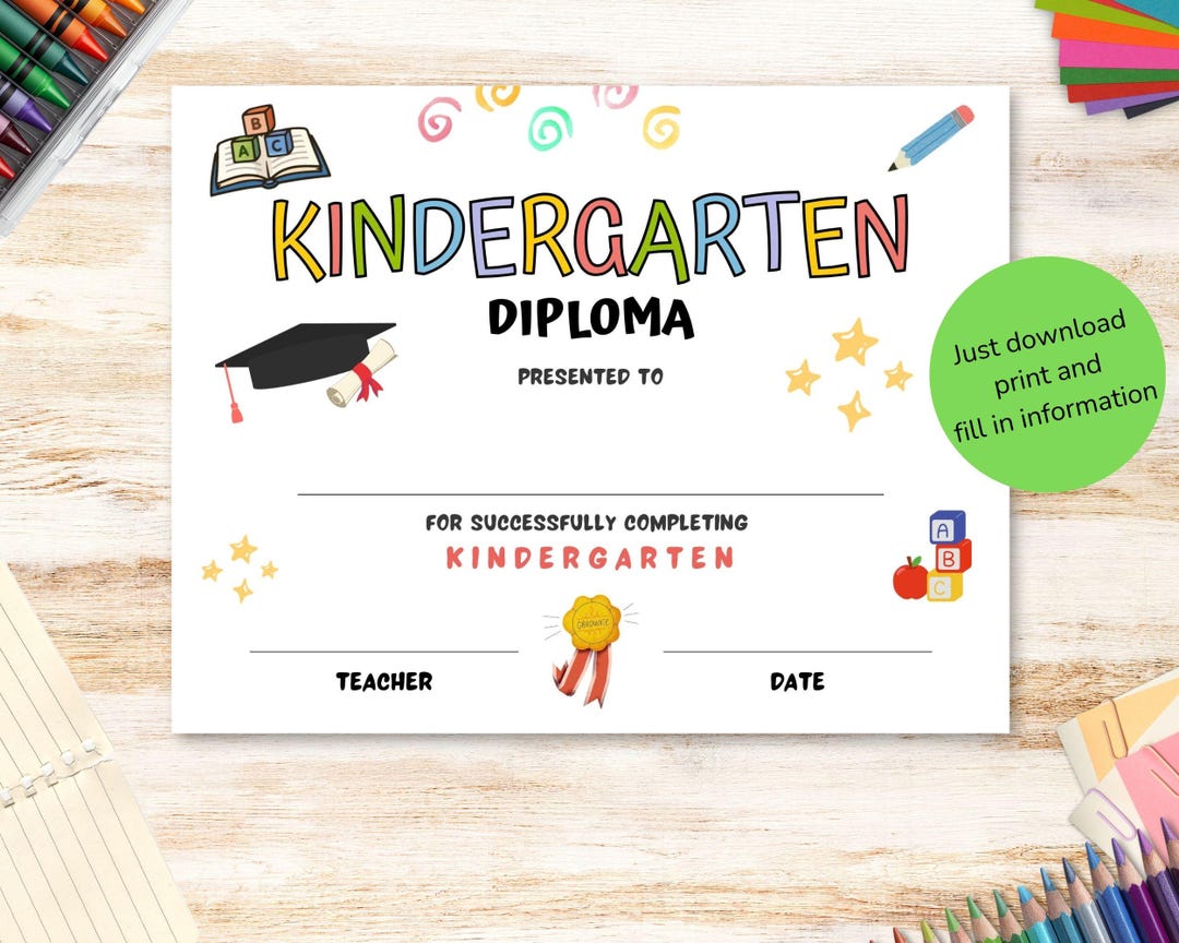 Kindergarten Graduation Diploma Printable Adorable Keepsake Just Print ...