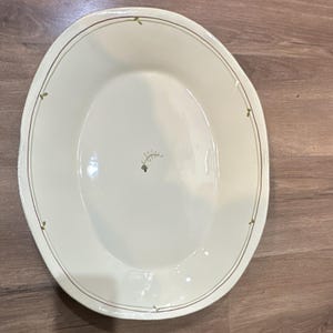 Puede incluir: Una fuente ovalada de color crema con un fino borde marrón y dorado. Pequeños diseños de hojas verdes están espaciados uniformemente alrededor del borde. Un pequeño diseño de ramita verde está en el centro de la fuente.