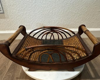 Vintage Mid Century Wood Rattan Magazine Rack w/ Woven Sides & Decorative Panel