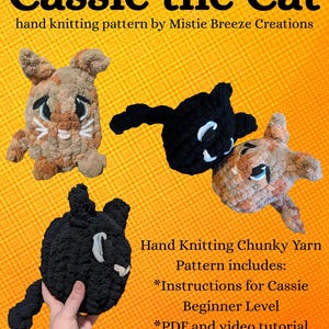 Peut inclure: Un modèle de tricot à la main intitulé Cassie the Cat par Mistie Breeze Creations montrant trois chats en peluche en laine épaisse. Deux chats sont tachetés marron et beige, et un est noir uni. Le texte inclut instructions, PDF et vidéo.