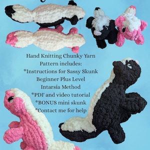 Op de afbeelding: Een handbreipatroon voor Sassy the Skunk met dik garen, intarsia-methode en instructies voor beginners plus niveau. Inclusief PDF, videotutorial en bonus mini-skunk. Tekst: Sassy the Skunk, Hand Knitting Chunky Yarn.