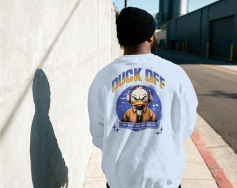 Duck Off Urban Sweatshirt - Duck with Headphones - Gildan 18000 Crew Neck - Heavy Cotton/Polyester Blend S-XXL - Exclusive Streetwear