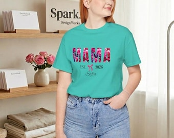 Personalized T-Shirt Mother's Day, Cotton T-Shirt, Mother's Day Gift - Pink Flowers and Pink Ribbon Design - With Personalized Name and Year