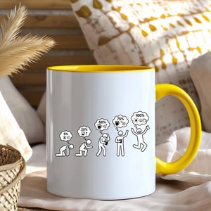 K&ouml;nnte beinhalten: Wei&szlig;er Keramikbecher mit gelbem Innenraum und Henkel. Der Becher zeigt eine schwarz-wei&szlig;e Grafik, die die Stadien der Koffeinaufnahme von 5 % bis 100 % veranschaulicht. Geeignet f&uuml;r hei&szlig;e oder kalte Getr&auml;nke.