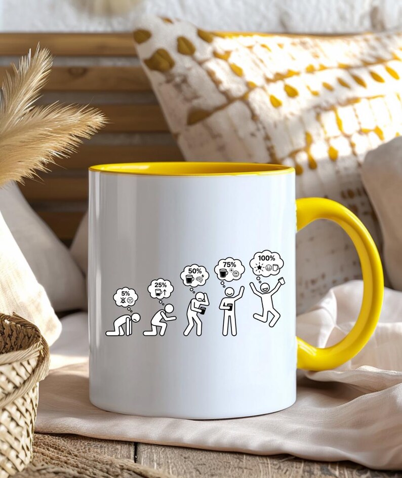 K&ouml;nnte beinhalten: Wei&szlig;er Keramikbecher mit gelbem Innenraum und Henkel. Der Becher zeigt eine schwarz-wei&szlig;e Grafik, die die Stadien der Koffeinaufnahme von 5 % bis 100 % veranschaulicht. Geeignet f&uuml;r hei&szlig;e oder kalte Getr&auml;nke.