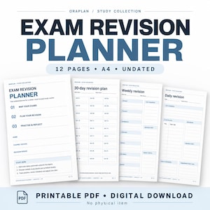 May include: An undated exam revision planner with 12 pages in A4 size. The document features sections for a 30-day revision plan, weekly revision, and daily revision. The layout includes headers, checklists, and space for notes in blue and white.