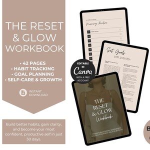 Reset & Glow Workbook PLR MRR, 42-Pages, Habit Tracker, Goal Planner Digital Download Ebook Resell