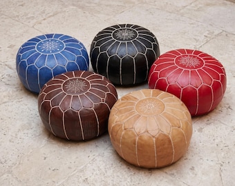 Handmade Moroccan Leather Pouf – Round Ottoman, Boho Home Decor Footstool