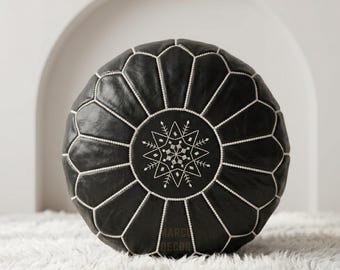 Handmade Moroccan Leather Black Pouf Ottoman – Round Floor Cushion Living Room Decor