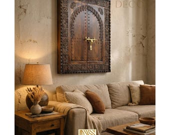 Hand Carved Moroccan Door Wall Art, Vintage Style Cedar Wood Window, Brass Latch