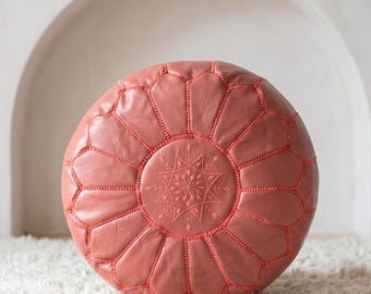 Handmade Moroccan Leather Pouf – Round Ottoman, Boho Home Decor Footstool