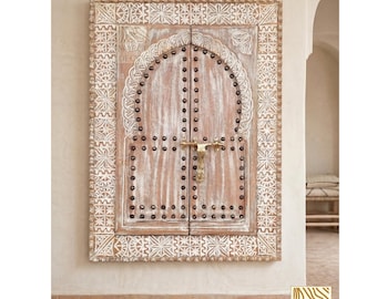 Hand Carved Moroccan Door Wall Art, Vintage Style Cedar Wood Window, Brass Latch