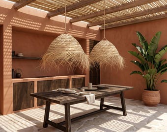 Handwoven Straw Pendant Light, Moroccan Spherical Chandelier, Natural Rattan Hanging Shade