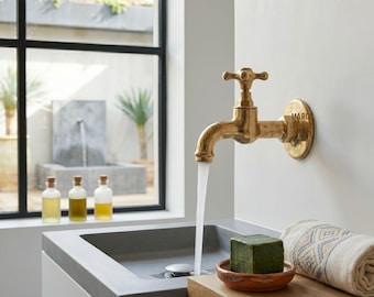 Antique Solid Brass Wall Faucet, Unlacquered Single Handle Cold Water Tap
