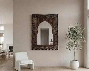 Arched Moroccan Mirror – Hand Carved Cedar Wood Frame, Vintage Style Farmhouse Decor