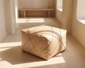 Handmade Moroccan Leather Pouf – Square Ottoman, Boho Footstool, Artisan Floor Cushion