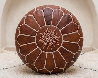Handmade Brown Leather Moroccan Pouf Ottoman, Artisanal Footstool Decor, Unstuffed