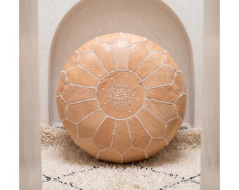 Tan Genuine Leather Pouf Ottoman – Handmade Moroccan Footstool, Boho Decor