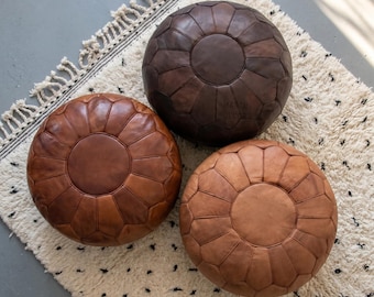 Handmade Moroccan Leather Pouf Ottoman – Dark Brown, Tan, Minimalist Floor Cushion
