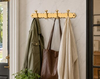 Solid Unlacquered Brass Coat Rack, Wall Mounted Entryway Organizer, Moroccan Style Hooks
