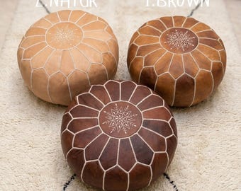 Ręcznie robiony puf ze skóry marokańskiej - podnóżek boho, jasnobrązowy, brązowy i ciemny, poduszka podłogowa, niepchany