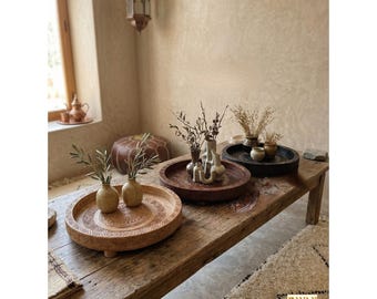 Handmade Moroccan Carved Wood Riser, Round Boho Pedestal Tray, Rustic Cake Stand Centerpiece
