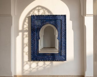 Hand Carved Moroccan Mirror – Rustic Boho Cedar Wood Frame, Artisan Home Decor
