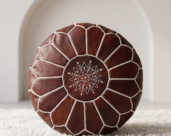Handmade Moroccan Leather Pouf Ottoman – Dark Brown Round Footstool, Boho Floor Seating