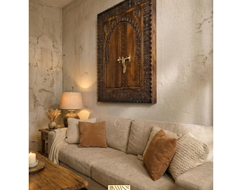 Hand Carved Moroccan Door Wall Art, Vintage Style Cedar Wood Window, Brass Latch