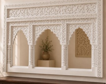 Hand-Carved Mango Wood Jharokha Frame: Indian Boho Wall Mirror