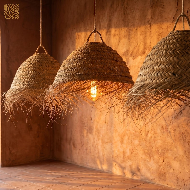 May include: Three pendant lights with woven straw shades hang from the ceiling. The shades have a conical shape with a fringed edge, and each contains a single exposed lightbulb. The background is a warm, textured wall.