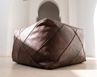 Handmade Moroccan Leather Pouf – Square Ottoman, Boho Footstool, Artisan Floor Cushion