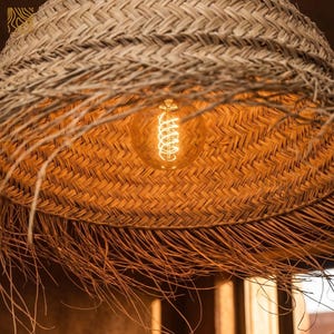 May include: Close-up of a woven straw lampshade with a warm, glowing lightbulb. The lampshade has a natural, textured appearance with a fringed edge. The lightbulb is a vintage style with a spiral filament.