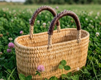 Panier de marché marocain tissé à la main | Sac cabas en paille avec anse en cuir, sac cabas doublé d'un panier de plage