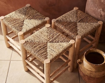 Handmade Moroccan Stool – Raw Wood & Woven Palm Leaf Seat – Boho Natural Straw Decor