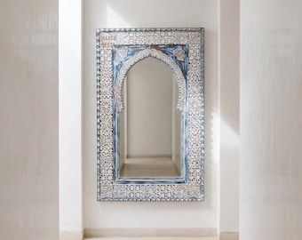Blue Moroccan Hand Carved Wooden Mirror